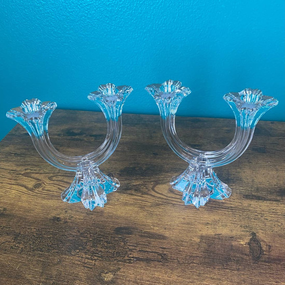 Pair of Clear Glass Art Deco Style Candelabra Candlestick Holders - Picture 3 of 10
